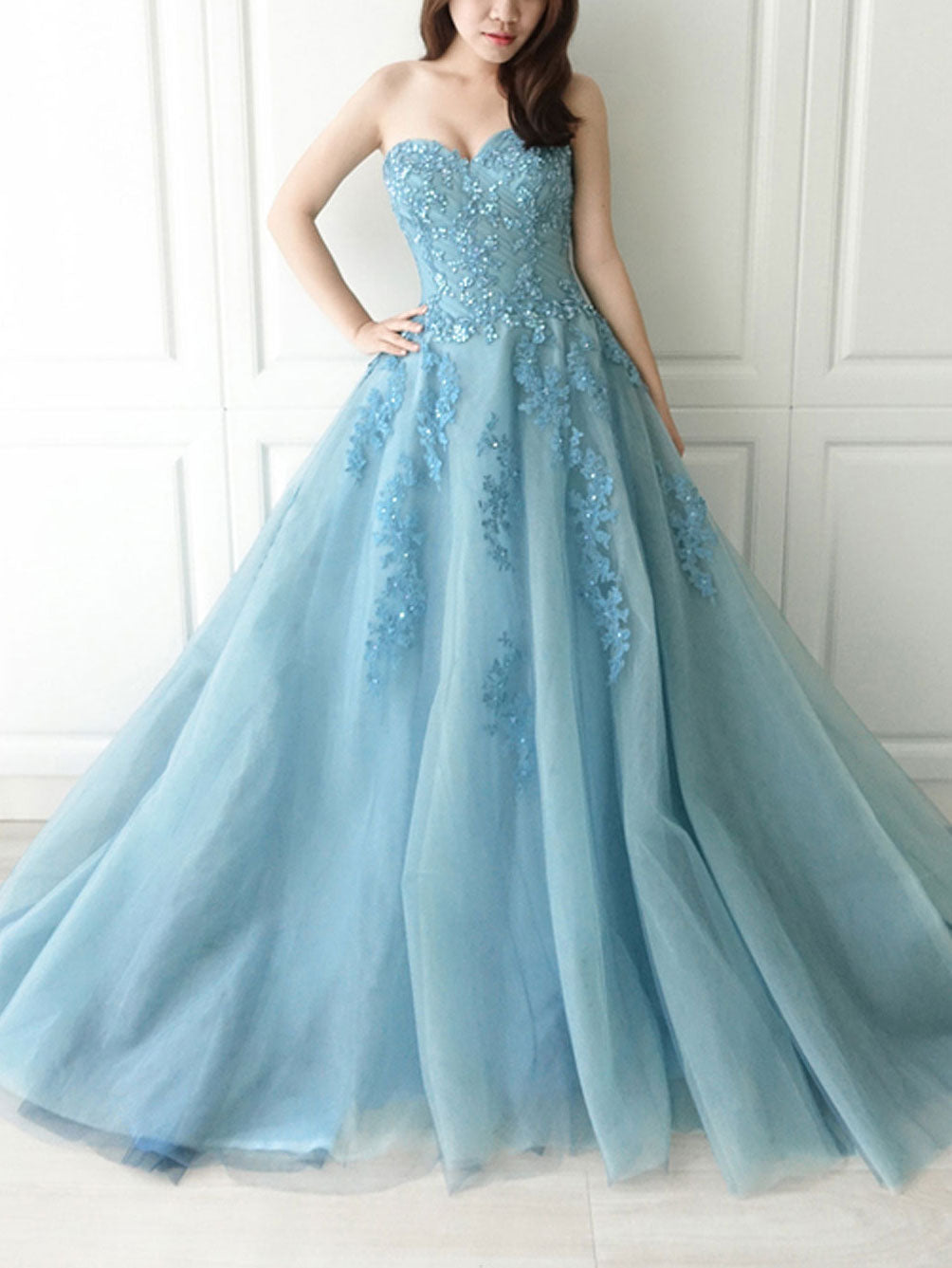 Blue sweetheart neck tulle lace long prom dress blue evening dress