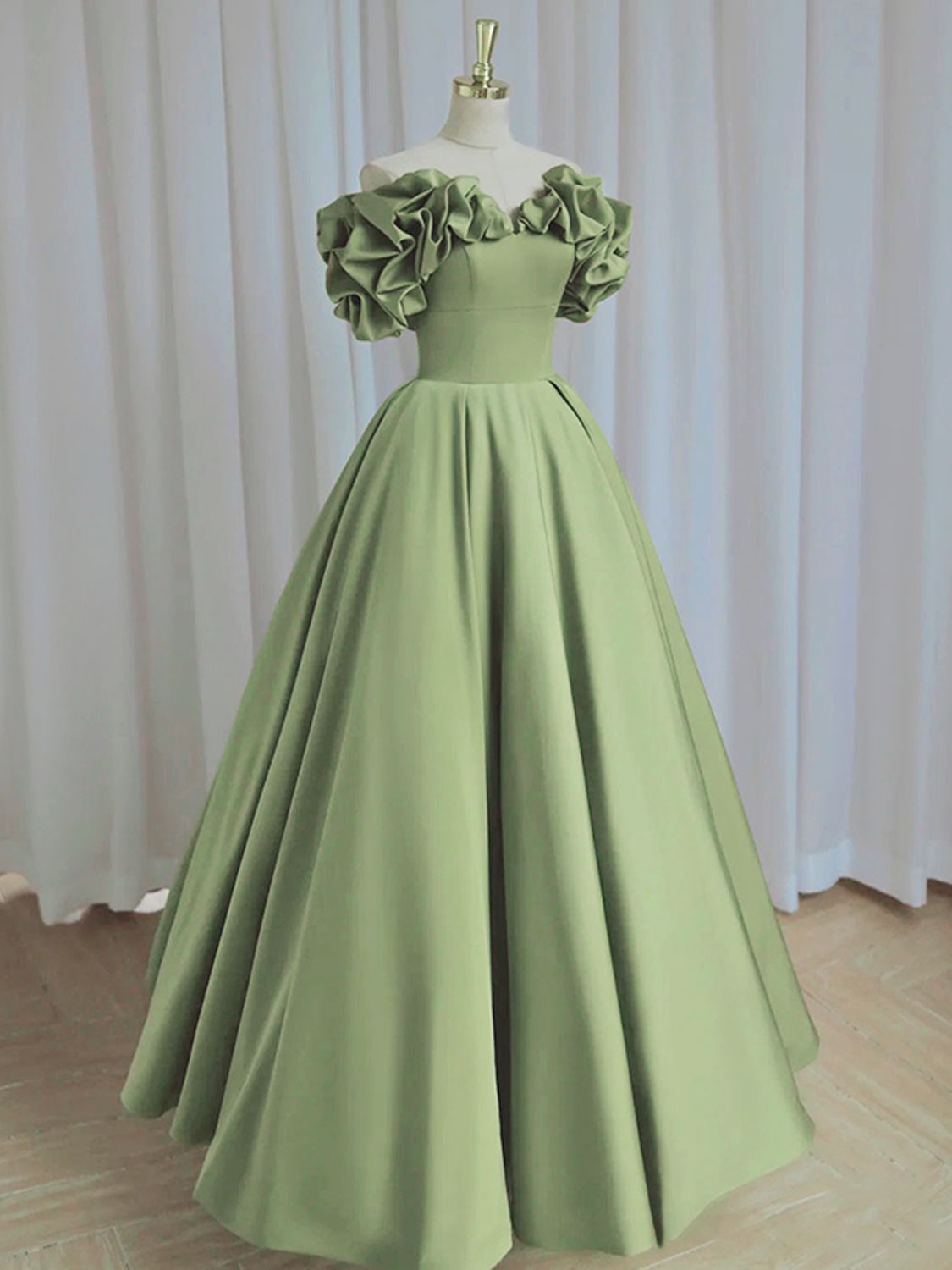 A-Line off Shoulder Satin Green Long Prom Dress, Green Formal Dresses