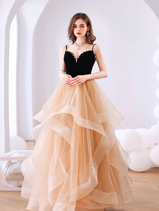 Champagne sweetheart neck tulle long prom dress backless evening dress