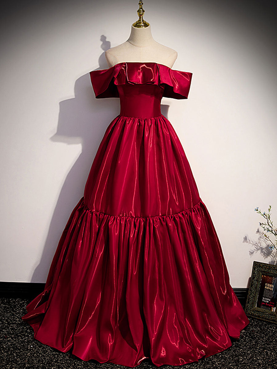 Simple burgundy off shoulder satin long prom dress burgundy evening dress