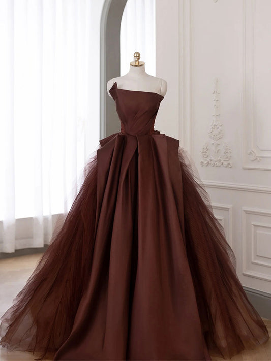Brown Satin Tulle Long Prom Gown, Brown Long Formal Evening Dresses