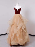 Champagne/Burgundy Long Prom Dress, A-line Tulle Formal Graduation Dress