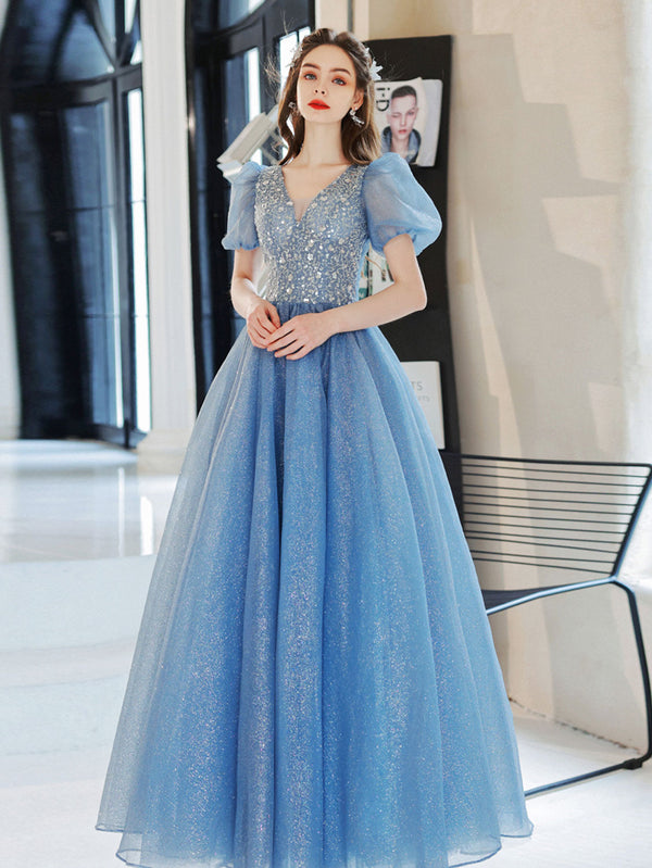 Blue A-Line V  Neck Sequin Tulle Long Prom Dress, Blue Formal Evening Dresses
