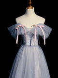 A line tulle gray blue long prom dress, gray formal dress