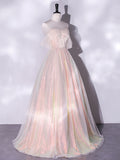 A-Line Pink Tulle Long Prom Dresses