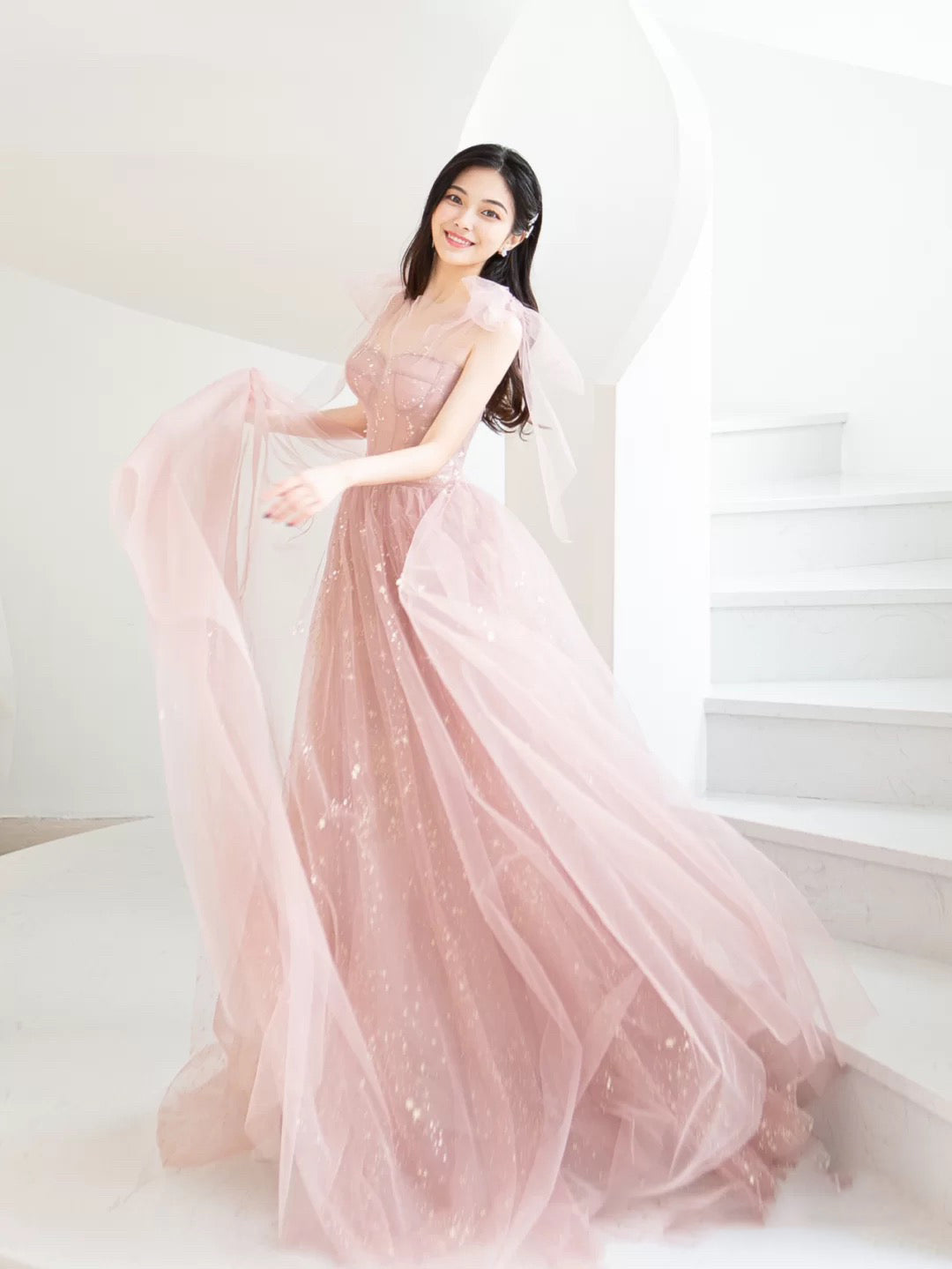 Pink A line tulle long prom dress, pink tulle formal dress