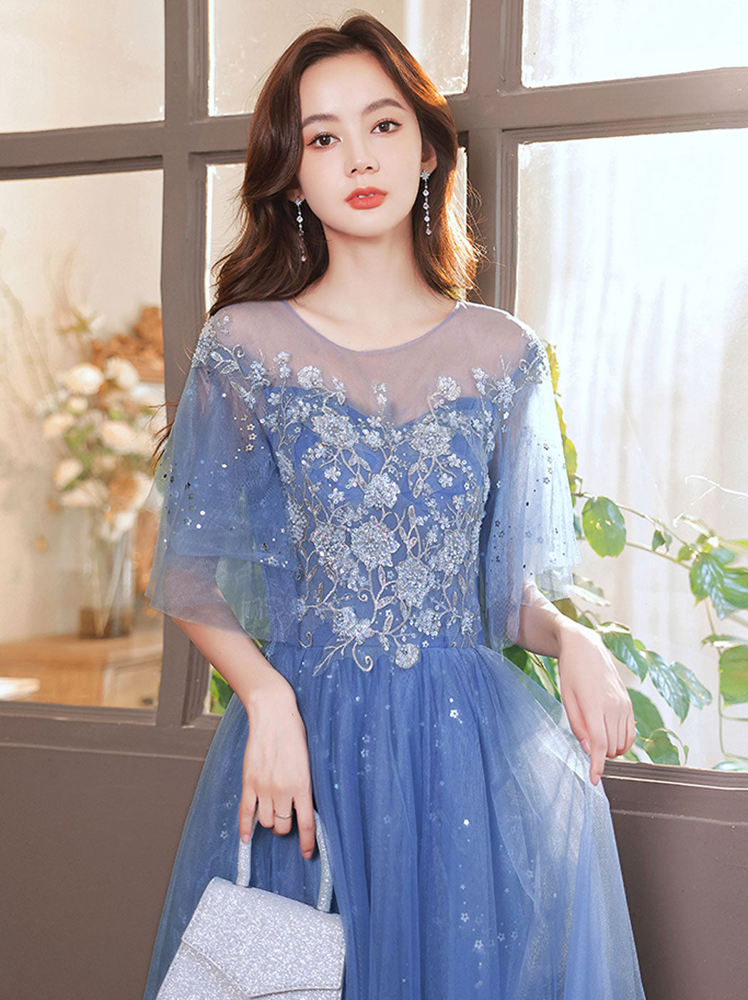 Blue A-Line Tulle Sequin Long Prom Dress, Blue Formal Evening Dress