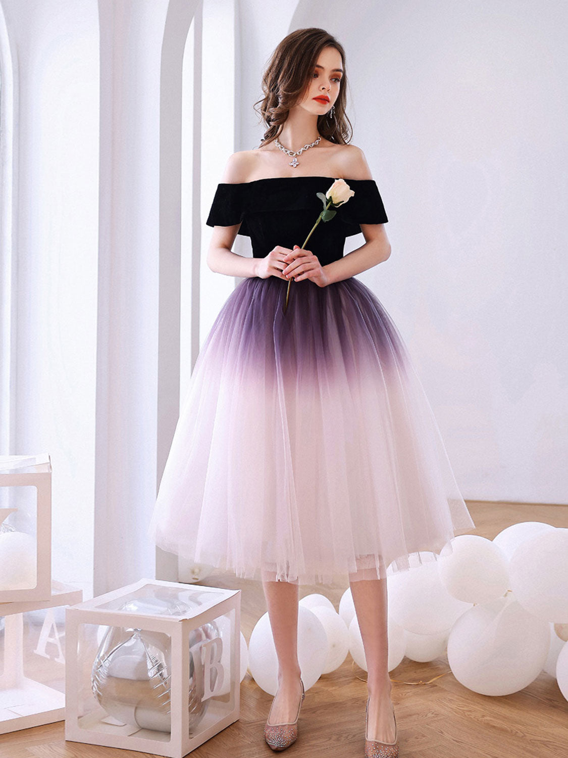 Purple off shoulder tulle short prom dress, tulle homecoming dress