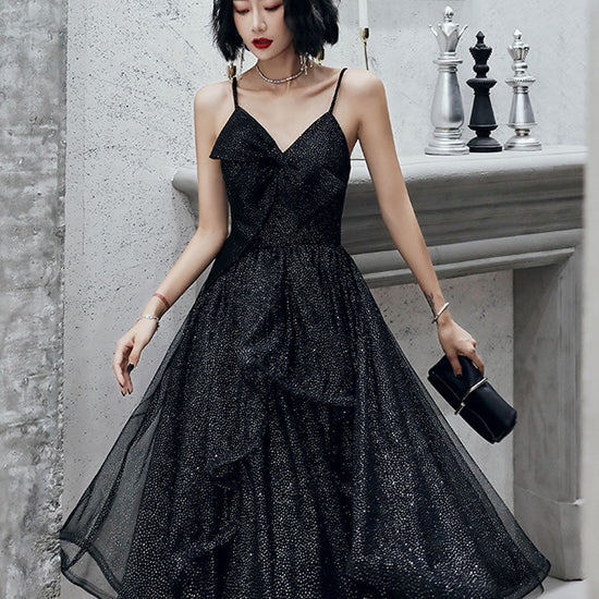 Simple v neck black tulle short prom dress, black party dress – dresstby