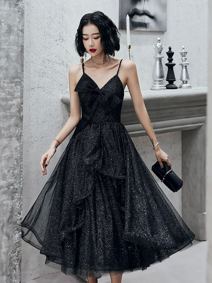 Simple v neck black tulle short prom dress, black party dress