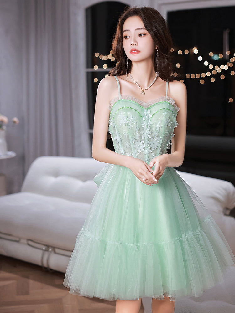 Green sweetheart neck tulle lace short prom dress green homecoming dress