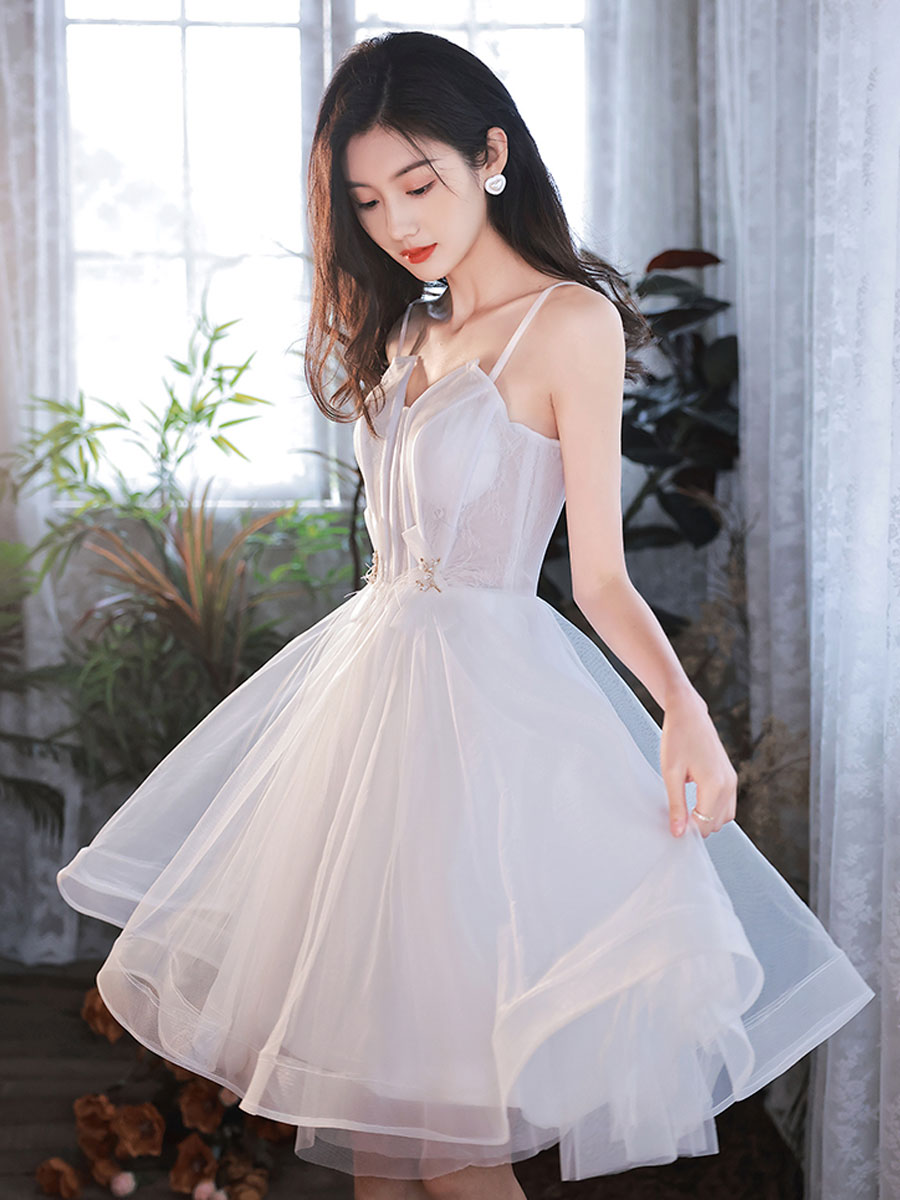 Cute white tulle short prom dress white homecoming dress