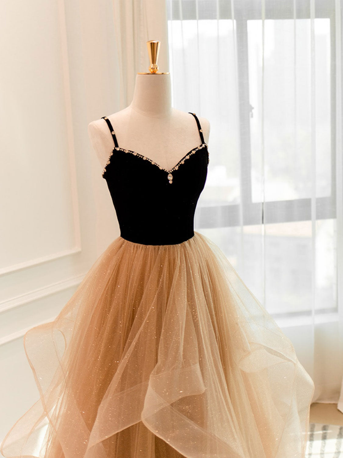 A-Line Champagne Tulle Long Prom Dress