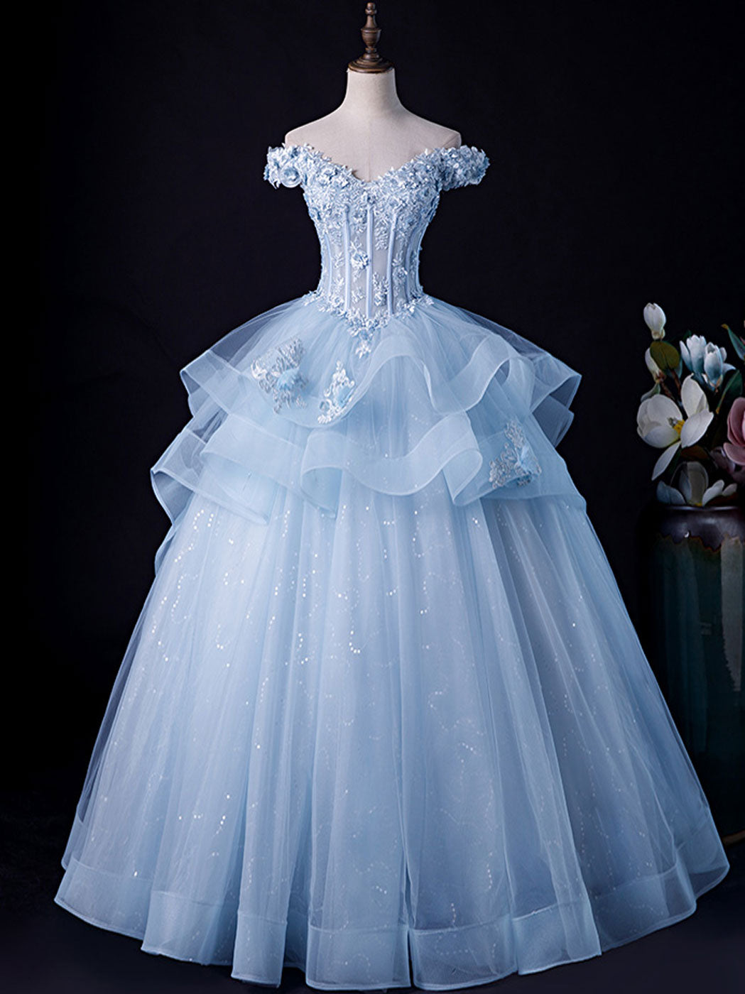 Blue A-Line Lace Tulle Long Prom Dress, Blue Lace Formal Evening Dress