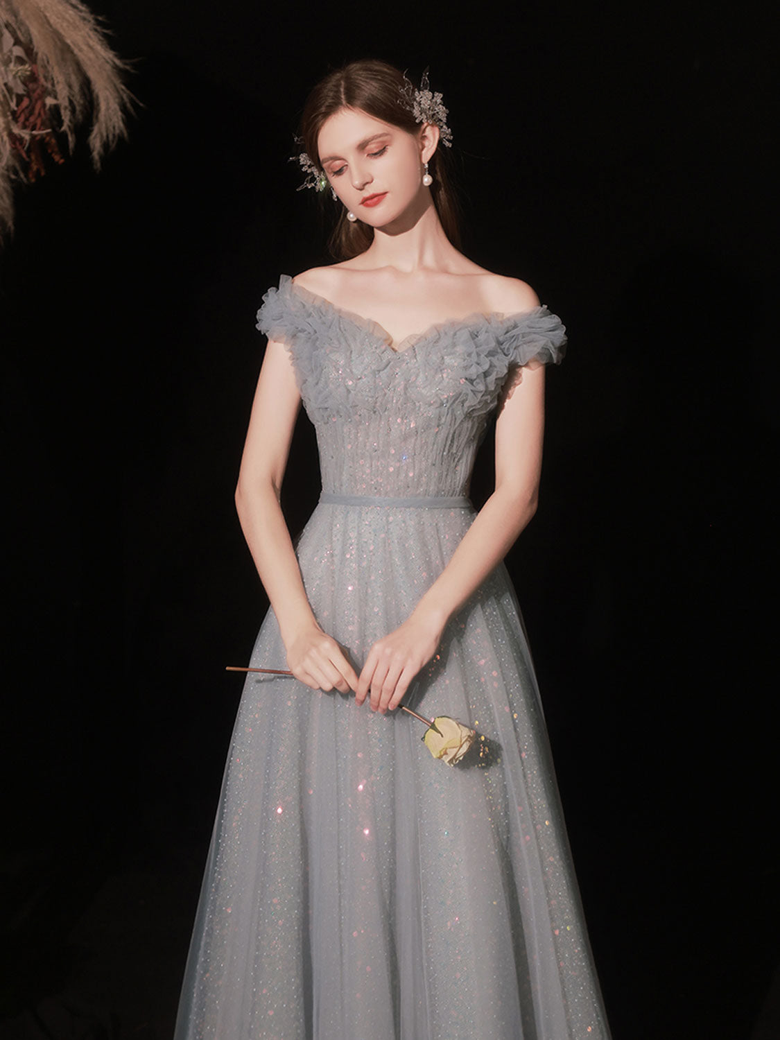 Gray Aline tulle long prom dress gray tulle formal party dress dresstby Gray Aline tulle long prom dress gray tulle formal party dress dresstby