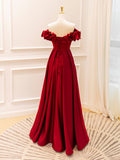 A-Line Off Shoulder Satin Burgundy Long Prom Dress, Burgundy Evening Dresses