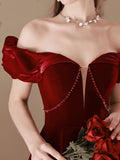 A-Line Off Shoulder Velvet Burgundy Long Prom Dress