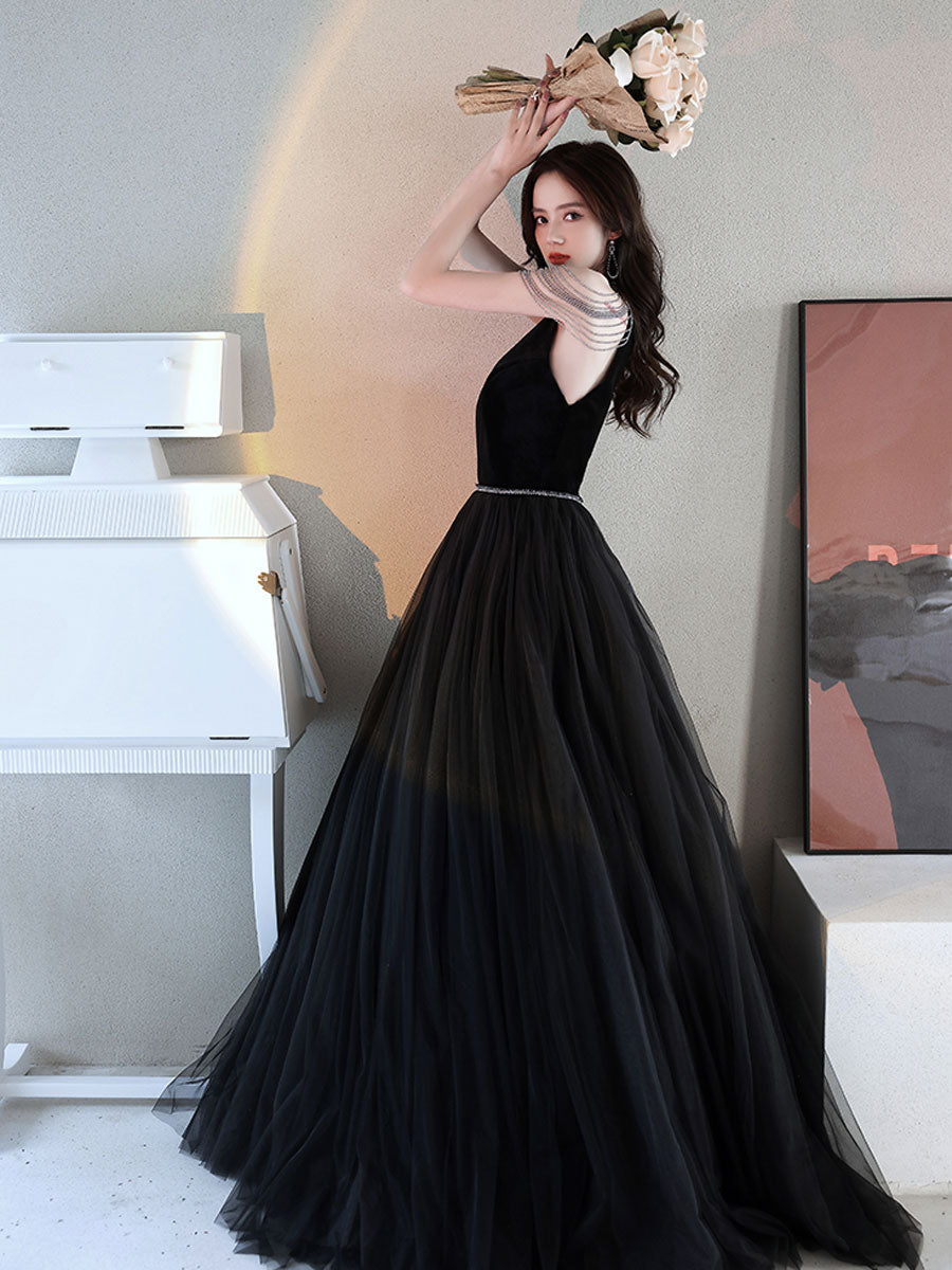 Black A-Line Prom Dress with Beaded Bodice, Satin Bottom, Slit, Pocket –  vigocouture