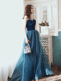 Aline Sweetheart Neck Blue Long Prom Dress, Blue Formal Graduation Dress