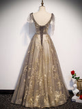 A-Line V Neck Tulle Sequin Long Prom Dress, Tulle Formal Evening Dress
