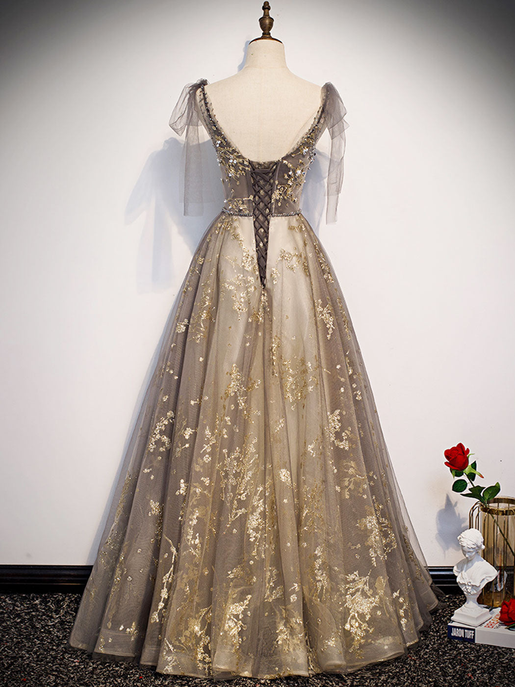 A-Line V Neck Tulle Sequin Long Prom Dress, Tulle Formal Evening Dress