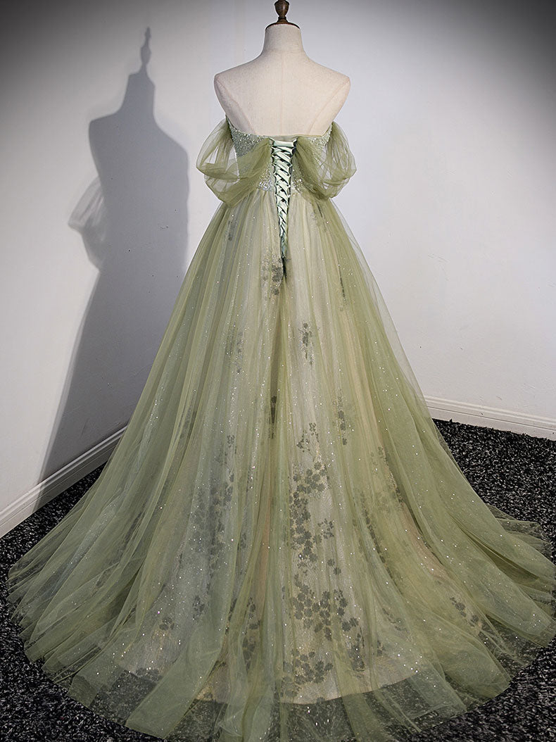 Aline Green Tulle Long Prom Dress, Green Formal Evening Party Dress