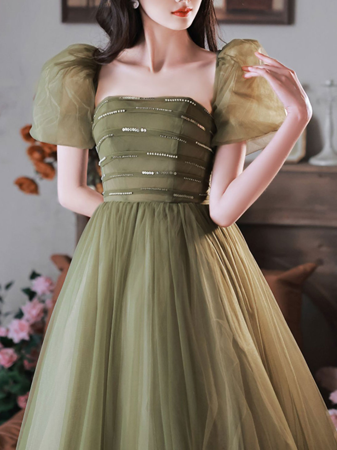 A-Line Green Sequin Tulle Long Prom Dress, Green Formal Party Dress