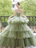 Green v neck tulle long prom dress, green tulle sweet 16 dress