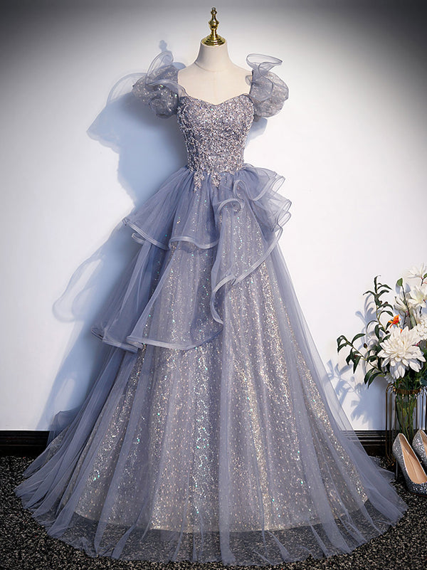 A-Line Gray Sequin Long Prom Dress, Sequin Tulle Formal Evening Dresses