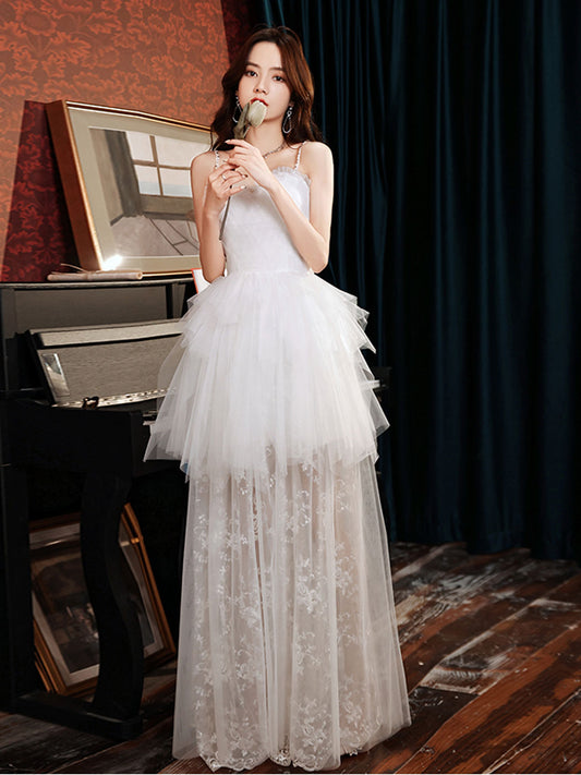 White sweetheart neck tulle lace long prom dress, white formal dress