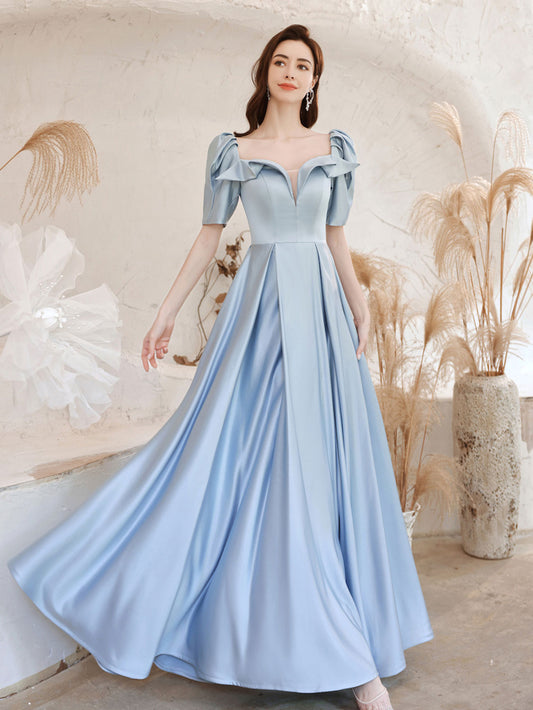 A-Line Square Neckline Satin Blue Long Prom Dress, Blue Formal Evening Dress
