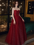A line round neck tulle sequin long prom dress burgundy formal dress
