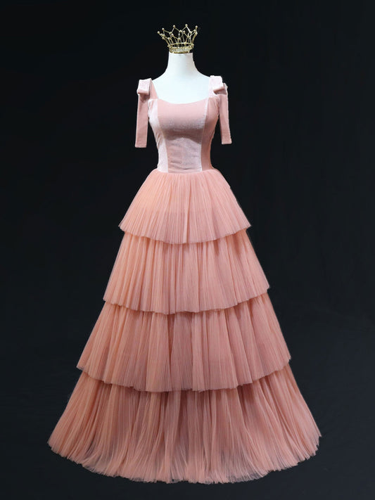 A Line Pink Tulle Long Prom Dresses, Pink Formal Evening Dresses