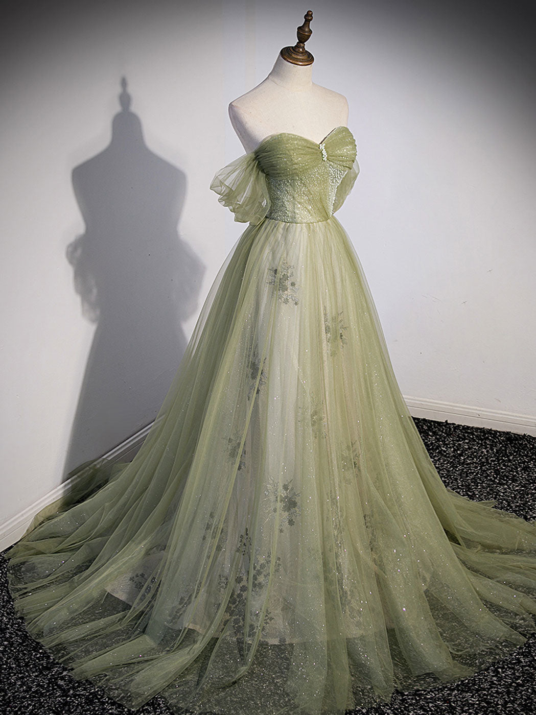 Aline Green Tulle Long Prom Dress, Green Formal Evening Party Dress