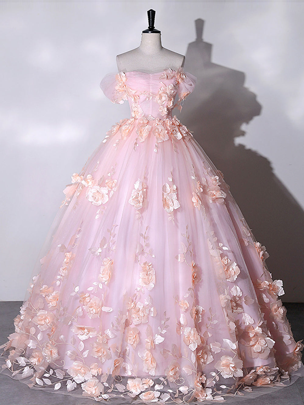 Pink Off Shoulder Tulle Lace Applique Long Prom Dress, Pink Sweet 16 Dress