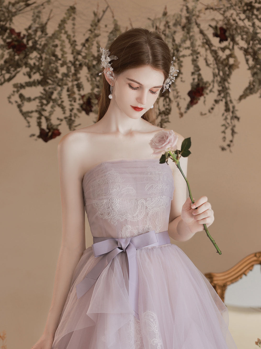 Light  Purple Tulle Lace Long Prom Dresses, Purple Lace Formal Dress