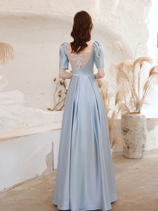A-Line Square Neckline Satin Blue Long Prom Dress