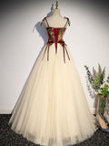 A line champagne tulle long prom dress, champagne evening dress