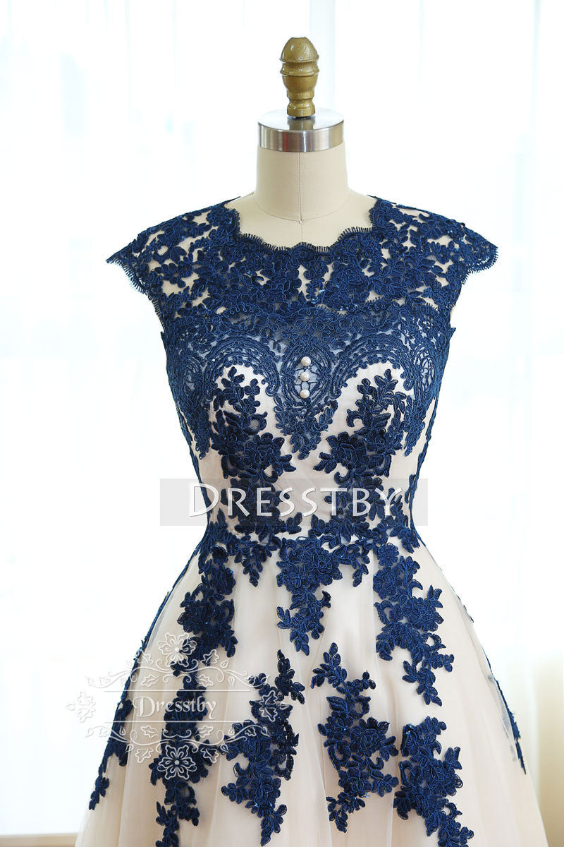 Dark blue round neck tulle lace long prom dress, bridesmaid dress