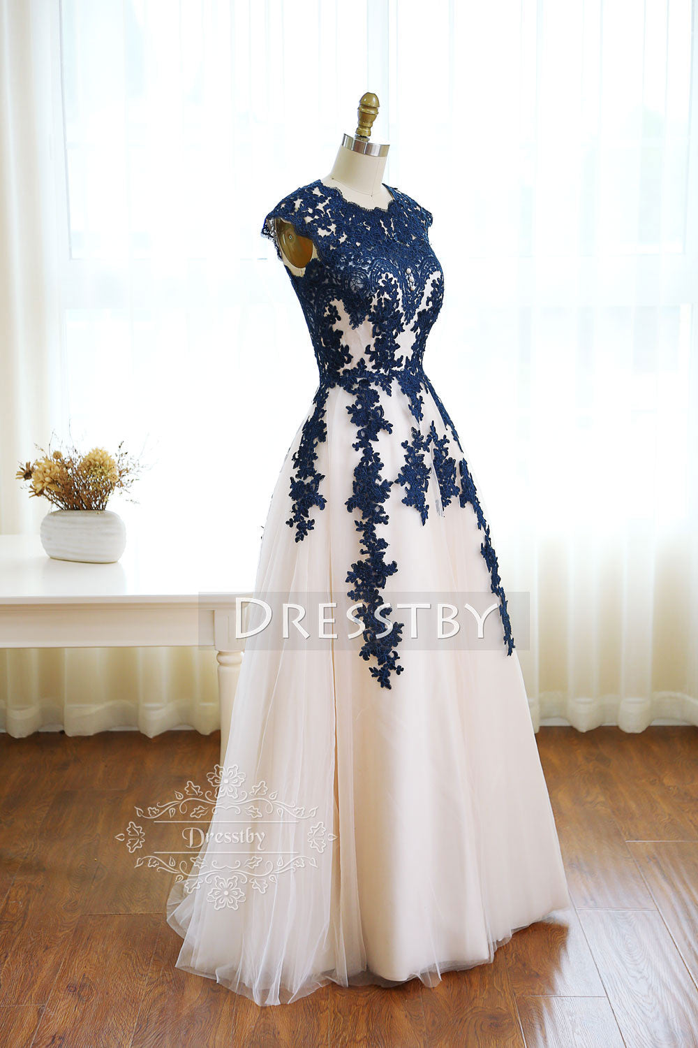 Dark blue round neck tulle lace long prom dress, bridesmaid dress