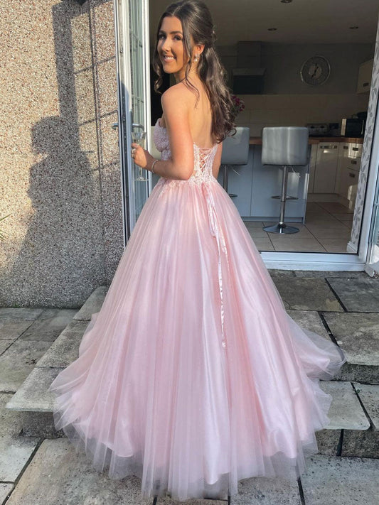 A-Line Sweetheart Neck Tulle Lace Long Prom Dress