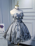 Cute Short Black Homecoming Dresses, Puffy Black Prom Dress With Beading Lace Applique