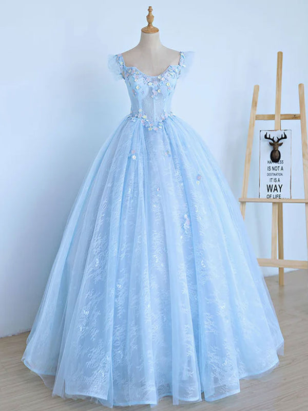 A-Line Blue Tulle Lace Long Prom Dress, Blue Formal Evening Dresses