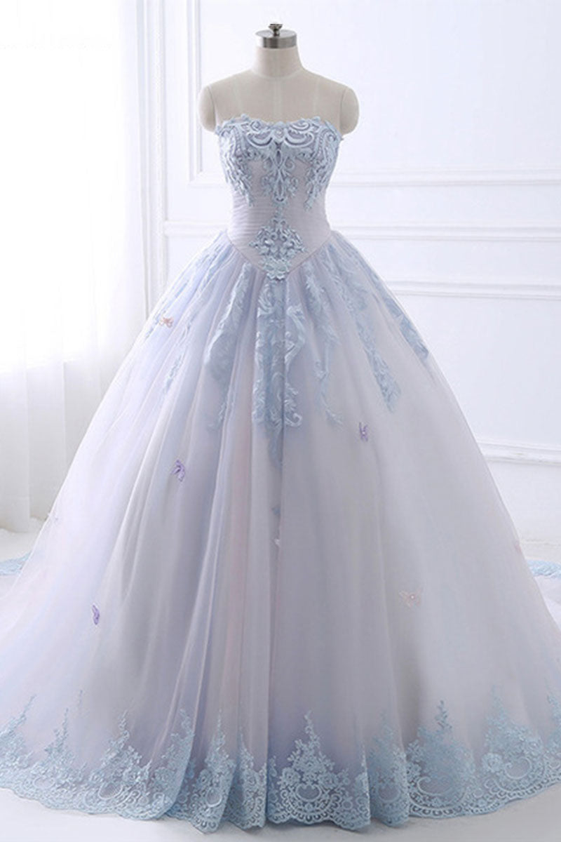 Light blue lace tulle long prom dress, evening dress