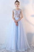 Light blue tulle lace long prom dress, blue evening dress