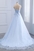 Light blue lace tulle long prom dress, evening dress