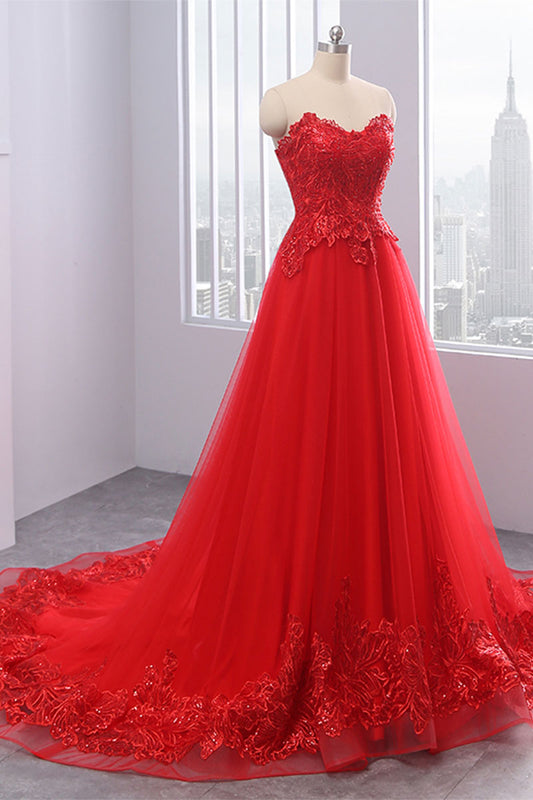 Red lace tulle long prom dress, evening dress