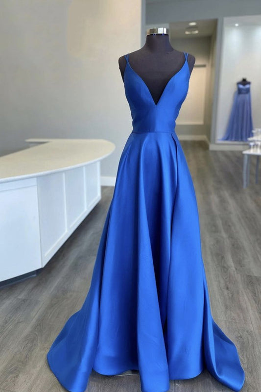 Blue v neck satin long prom dress blue bridesmaid dress