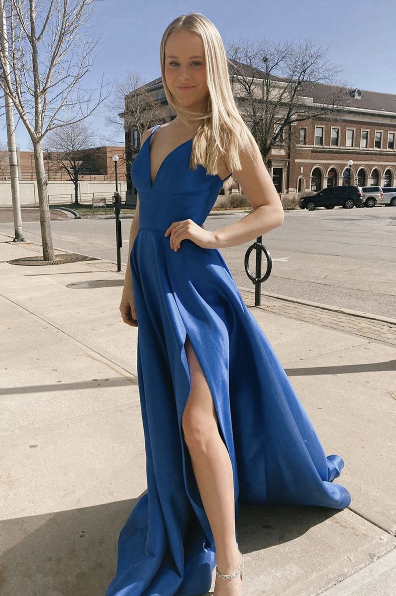 Simple blue satin long prom dress blue satin evening dress