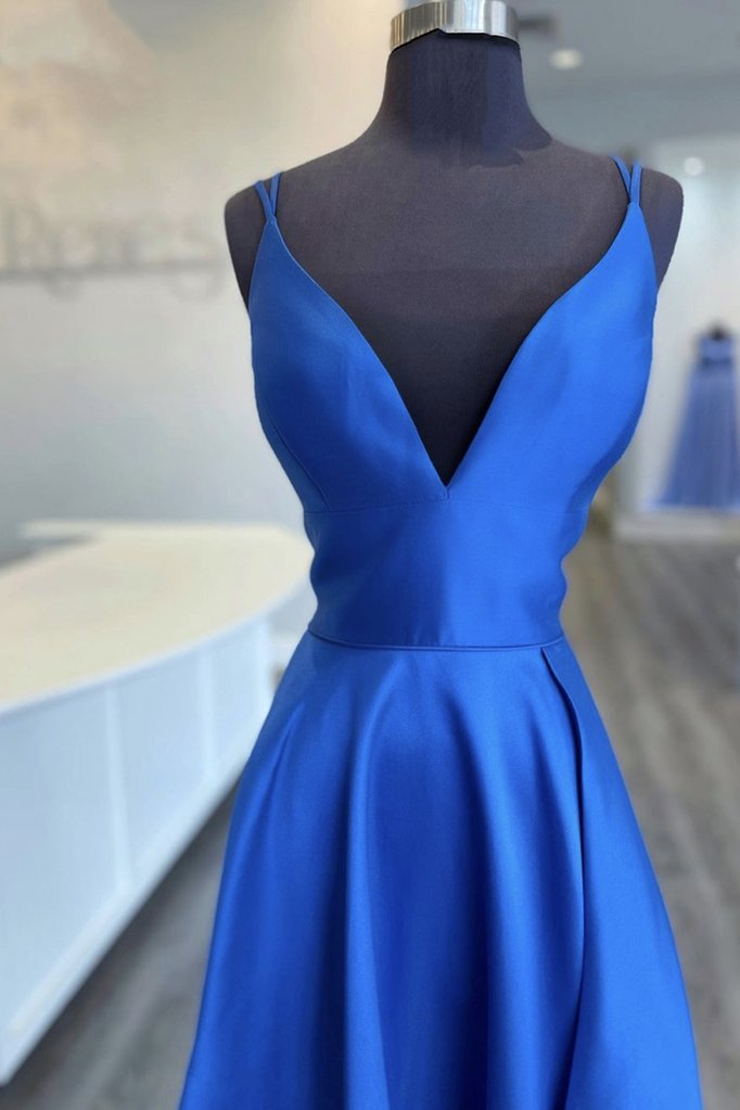 Blue v neck satin long prom dress blue bridesmaid dress